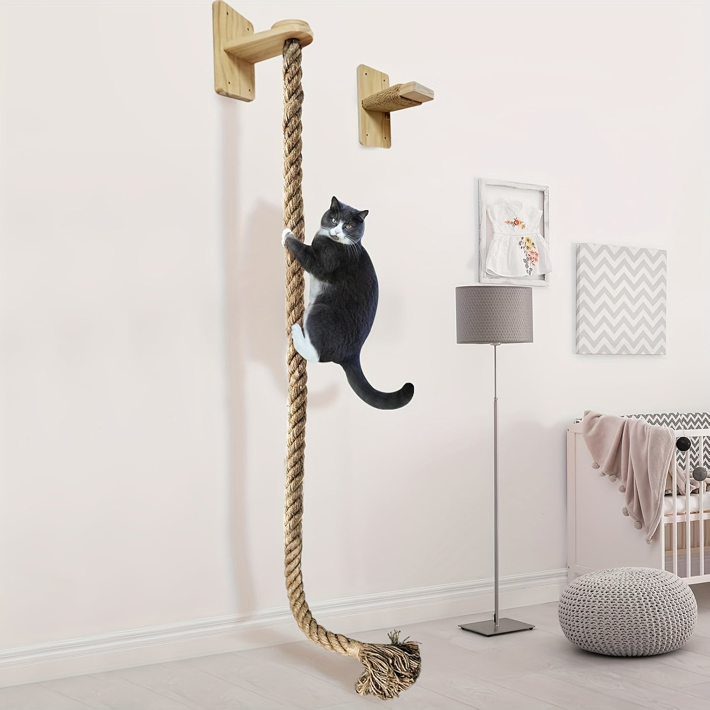 5pcs Wall Mounted Cat Rack with 4 Steps and Felt Padded Wooden Cat Bed Hammock in Black White and Wood