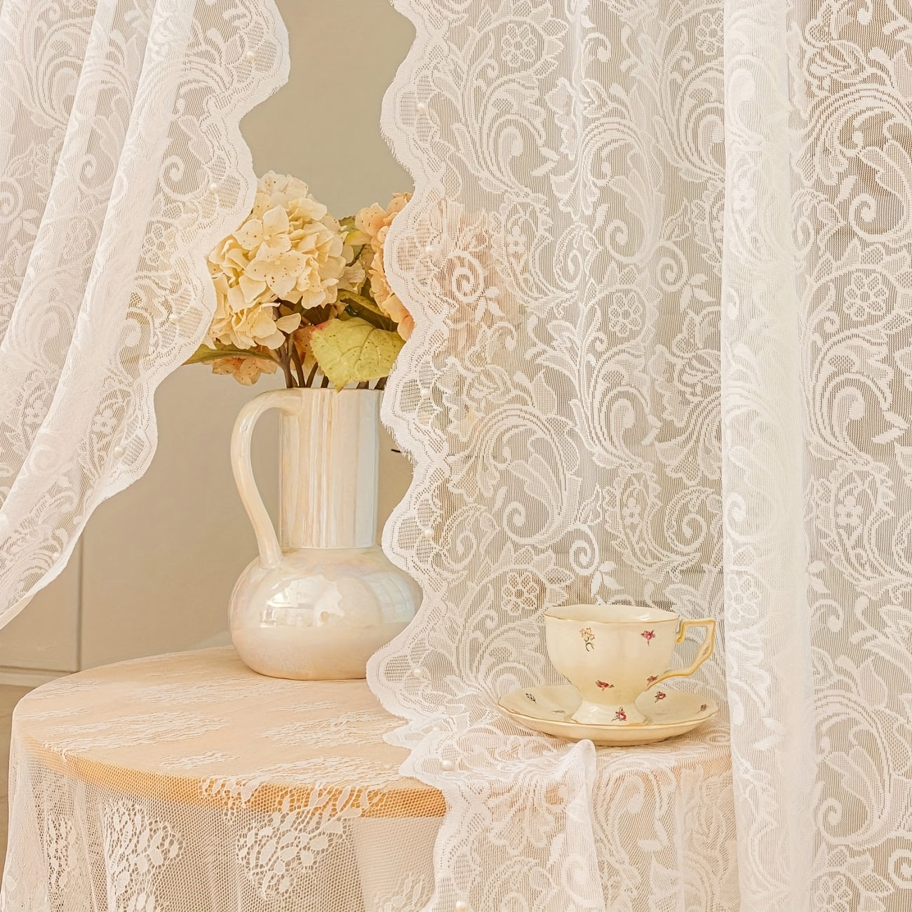 2D White Lace Curtain Semi Transparent Floral Pattern Rod Pocket Design for Living Room Bedroom Kitchen or Cafe Washable Polyester All Season Use
