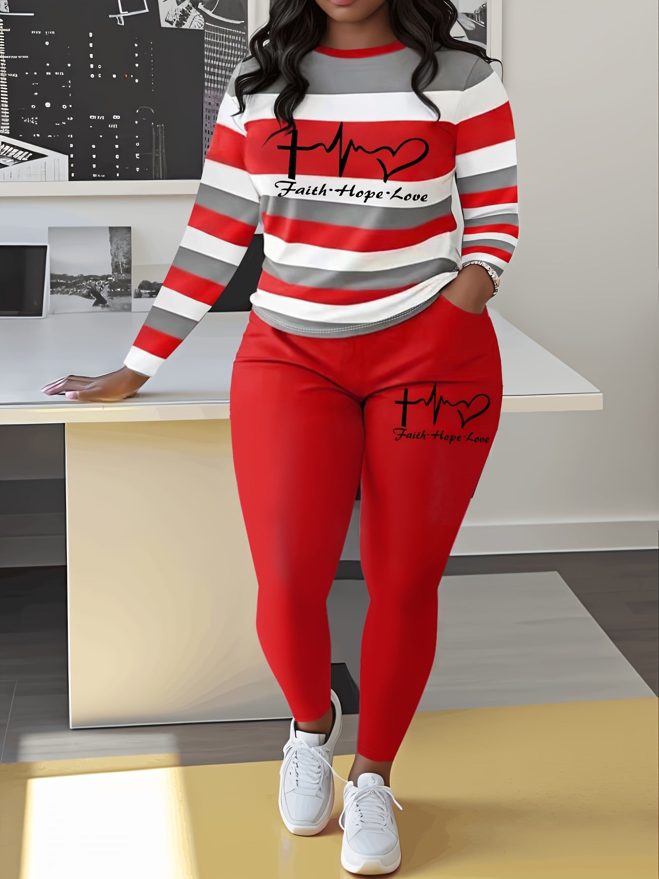 Plus Size Heart & Letter Print Two-piece Set Outfits