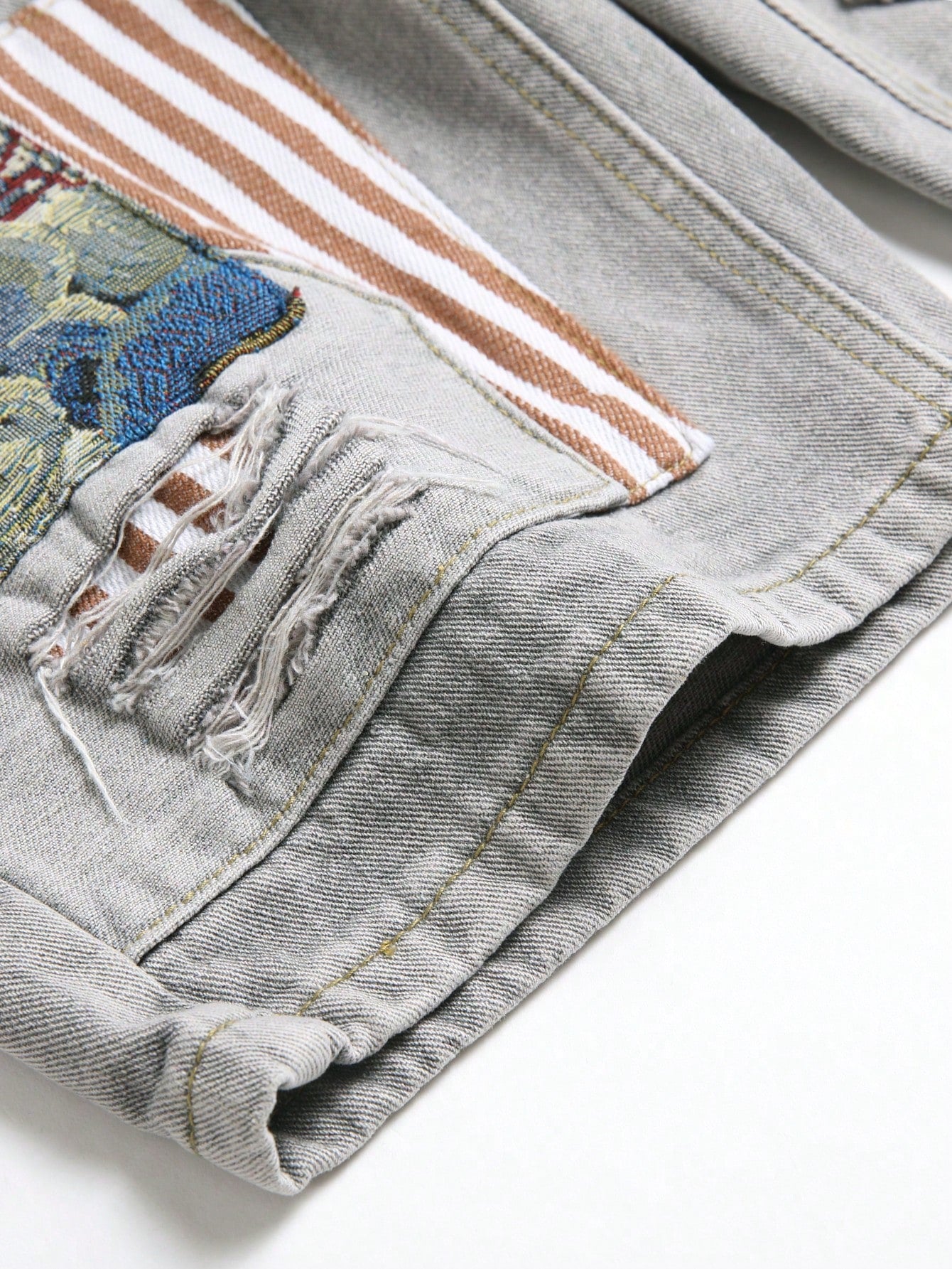 Men's Summer Casual Ripped Denim Shorts with Bear Motif and Patchwork Design Loose Fit Mid-Length Lightweight Denim Shorts with Multiple Pockets