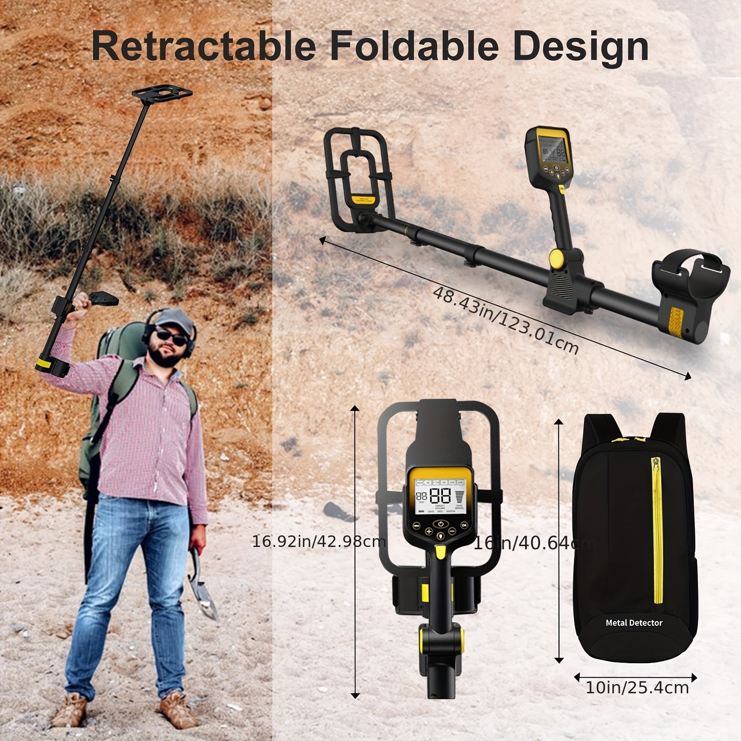 Professional Rechargeable Metal Detector for Adults Adjustable Length Foldable Large LCD Display 10 Inch Coil High Accuracy Gold and Silver Detector with Lithium Battery