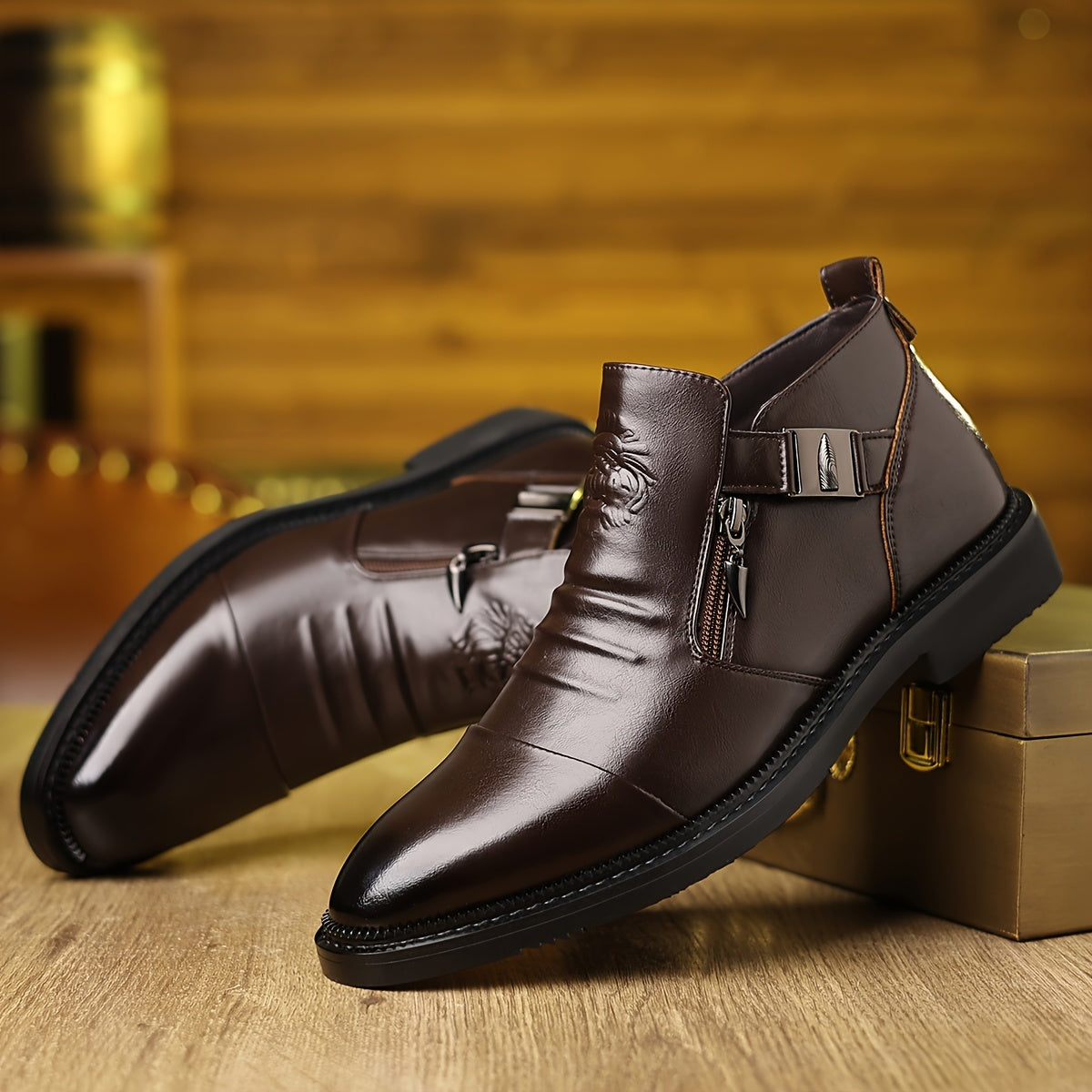 Men's Elegant Black Ankle Boots with Embossed Lion Design