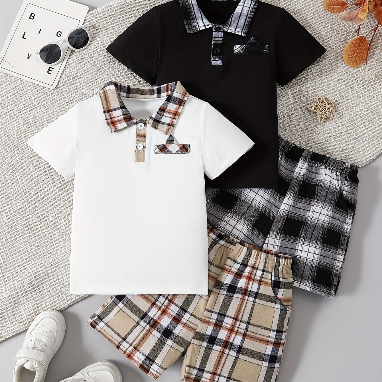 Boys Simple Casual Plaid Shirt Short Sleeve Shorts Set 4pcs