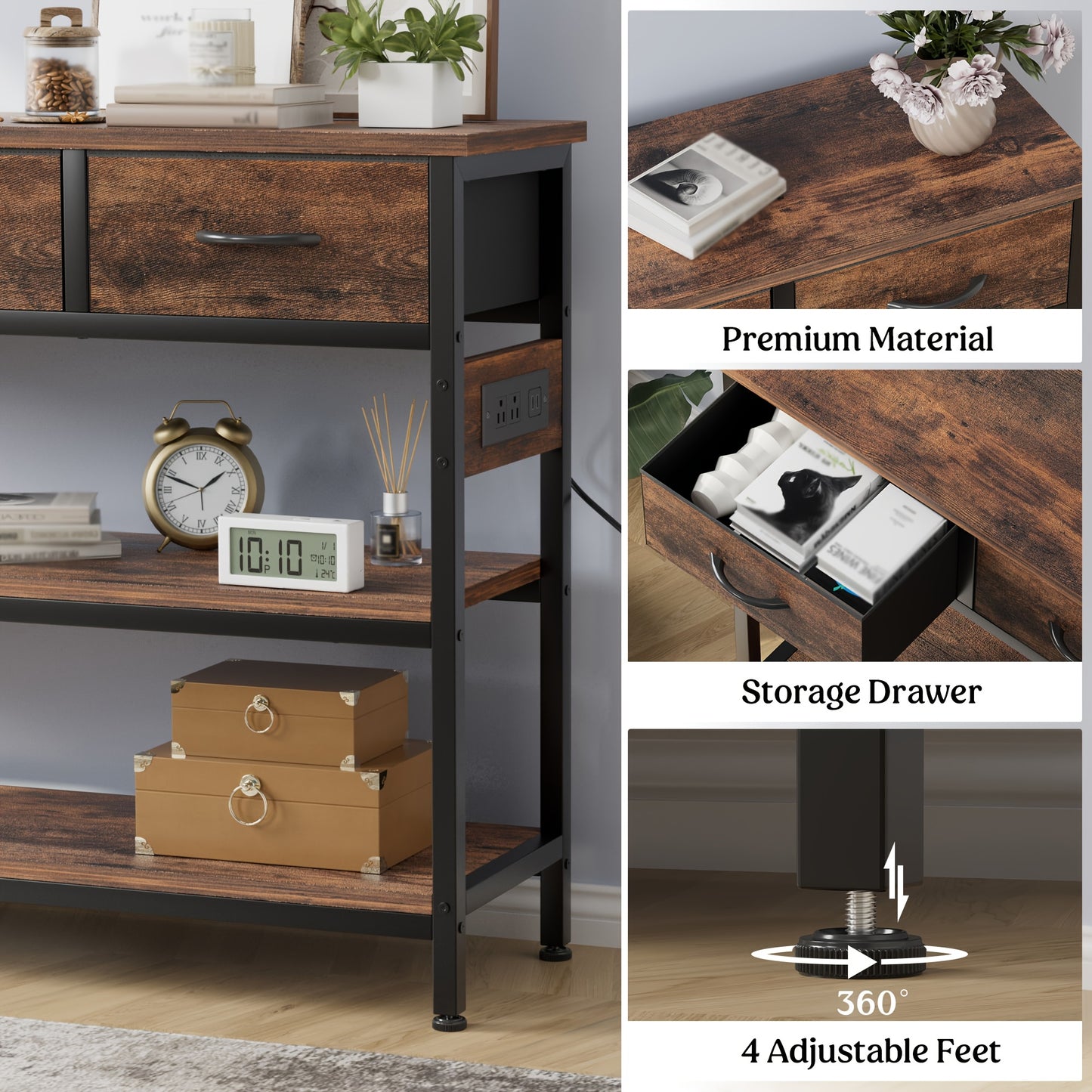 AOWOS 3-Tier Console Table with Charging Station Rustic Modern Narrow Sofa Table with Adjustable Feet and Breathable Fabric Drawers Hardwood Entryway Organizer for Hallway and Living