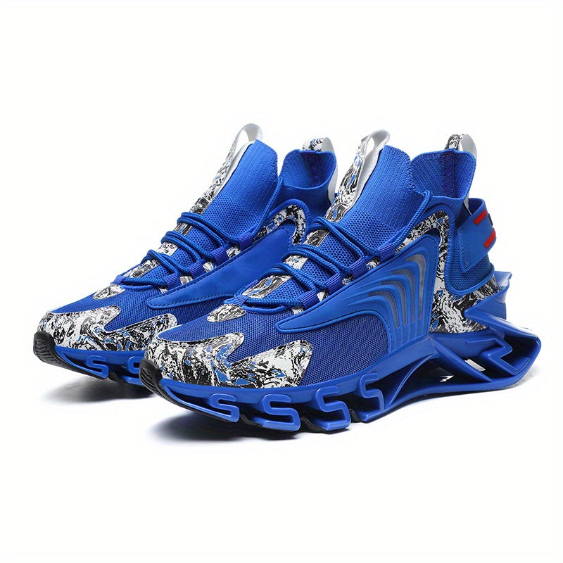 Men's Fashion Athletic Sneakers - Blue with White & Red Accents, Breathable Fabric Lining, Rubber Sole, Round Toe, Plus Size Available