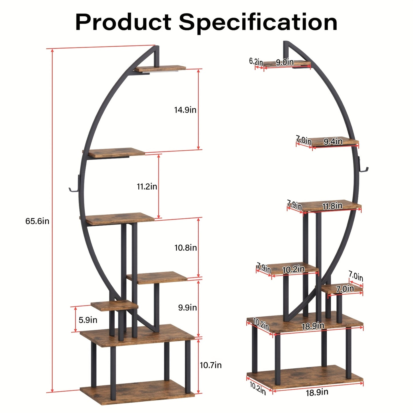 65 Inch Multi Functional Metal Black and Brown 7 Tiered Two Piece Bookshelf with Lights Wooden Bookcase for Books Handicraft Decorations Frames Multiple Corner Display Stand for Living Room Study Room Bedroom Hallway Good Gift Choice
