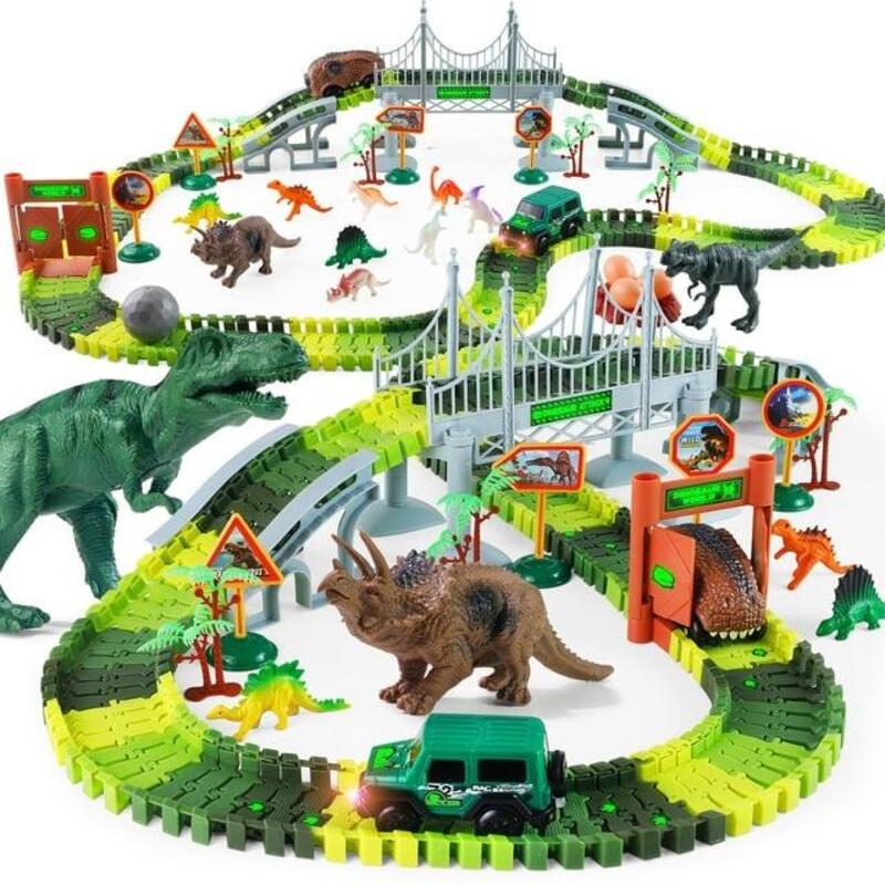 Dinosaur Toys Race Car Track with Glow-in-the-Dark Stickers