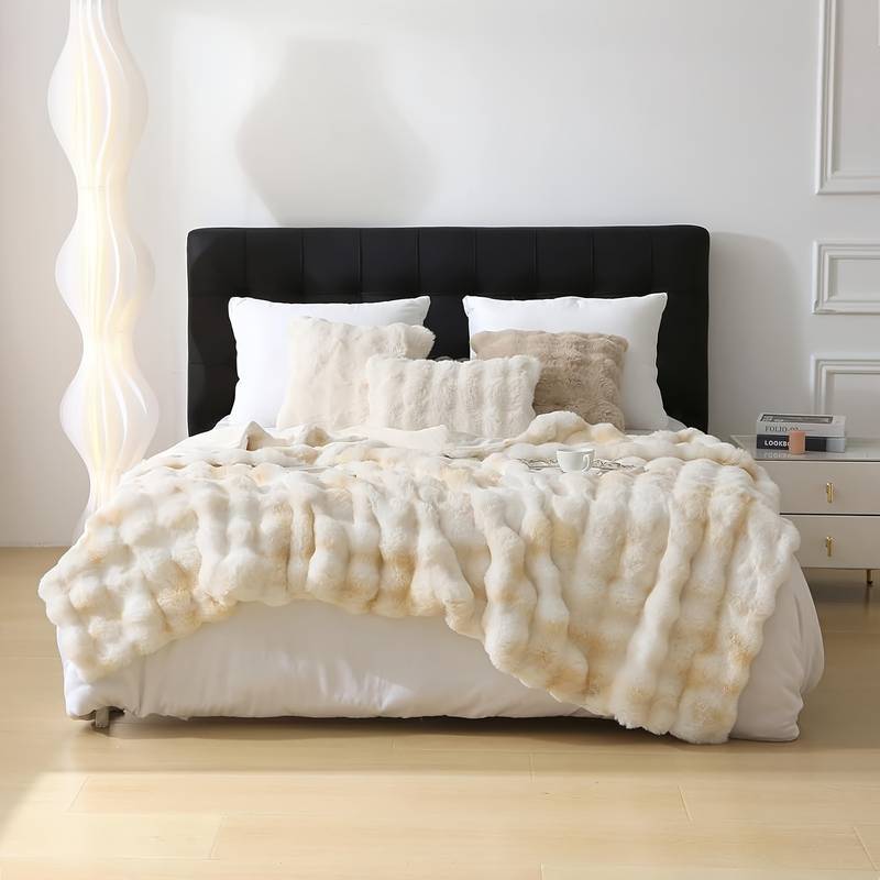 1pc Bohemian Style Reversible Faux Rabbit Fur Blanket