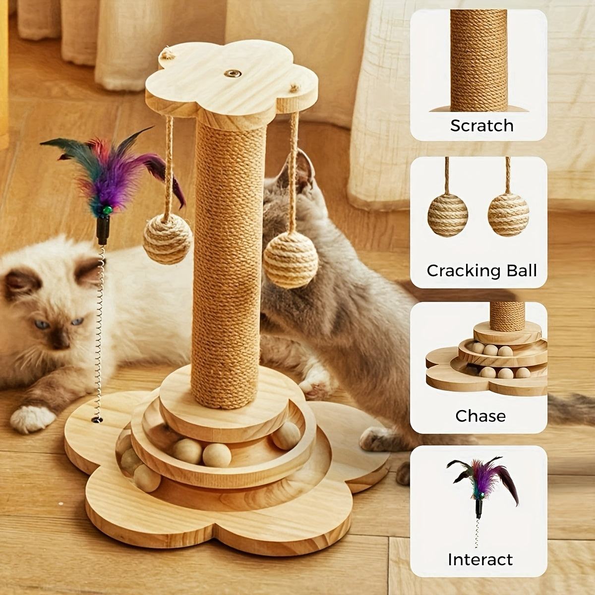 Vertical Cat Scratching Tower with Solid Wood Construction Sisal Rope Scratching Surface Cozy Cat Nest Climbing Frame Wear-Resistant Teasing Stick Toy for Multi-Cat Households