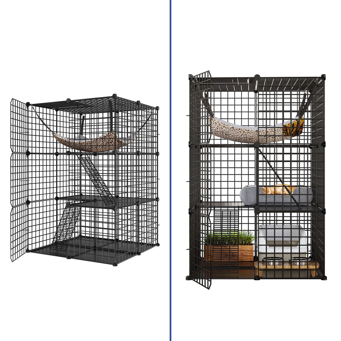 Indoor Outdoor Cat Cage DIY Cat Enclosure with 3 Level Metal Playpen and Oversized Hammock for One or Two Cats and Rabbits