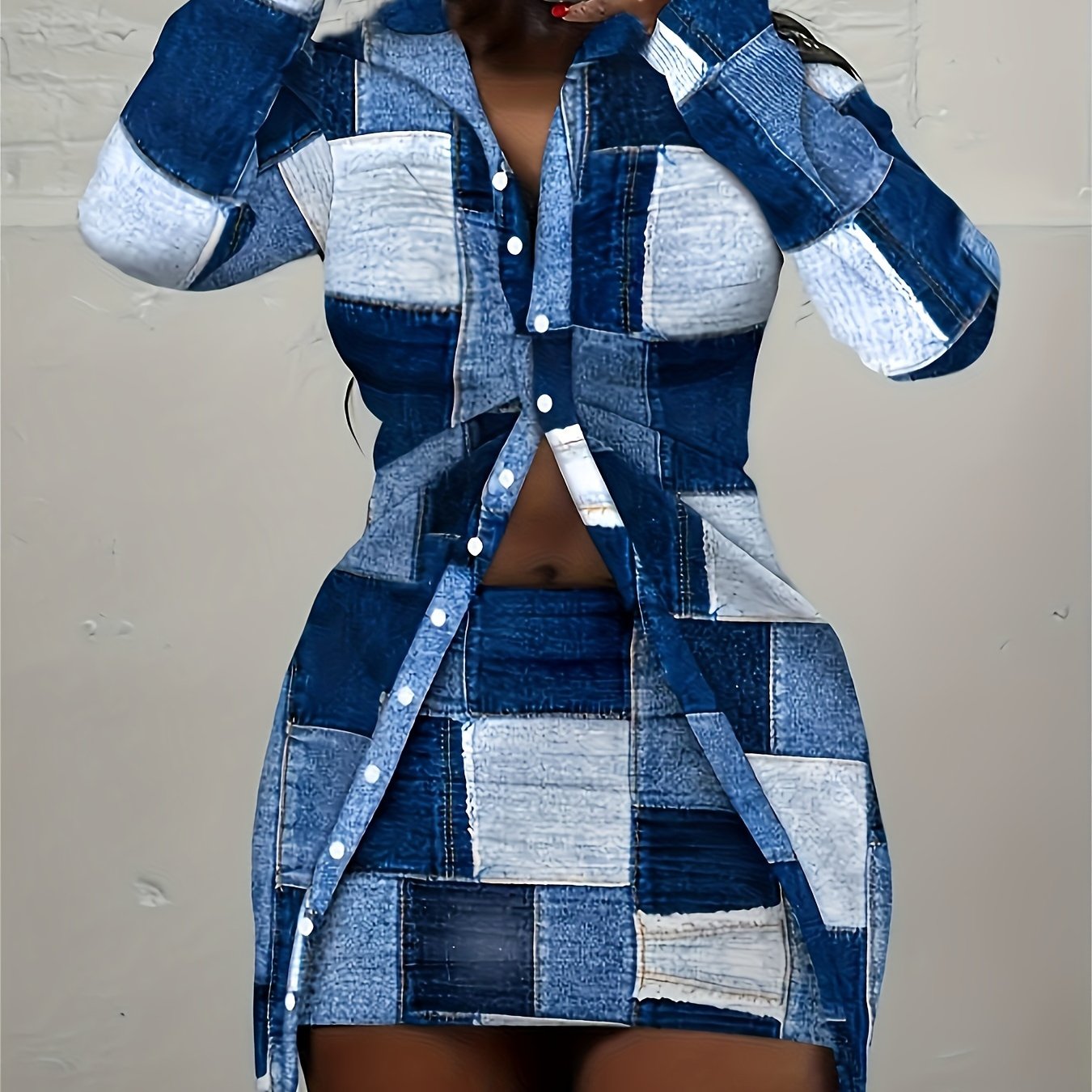 Two-Piece Casual Outfits: Plaid Print Blouse & Skirt Set