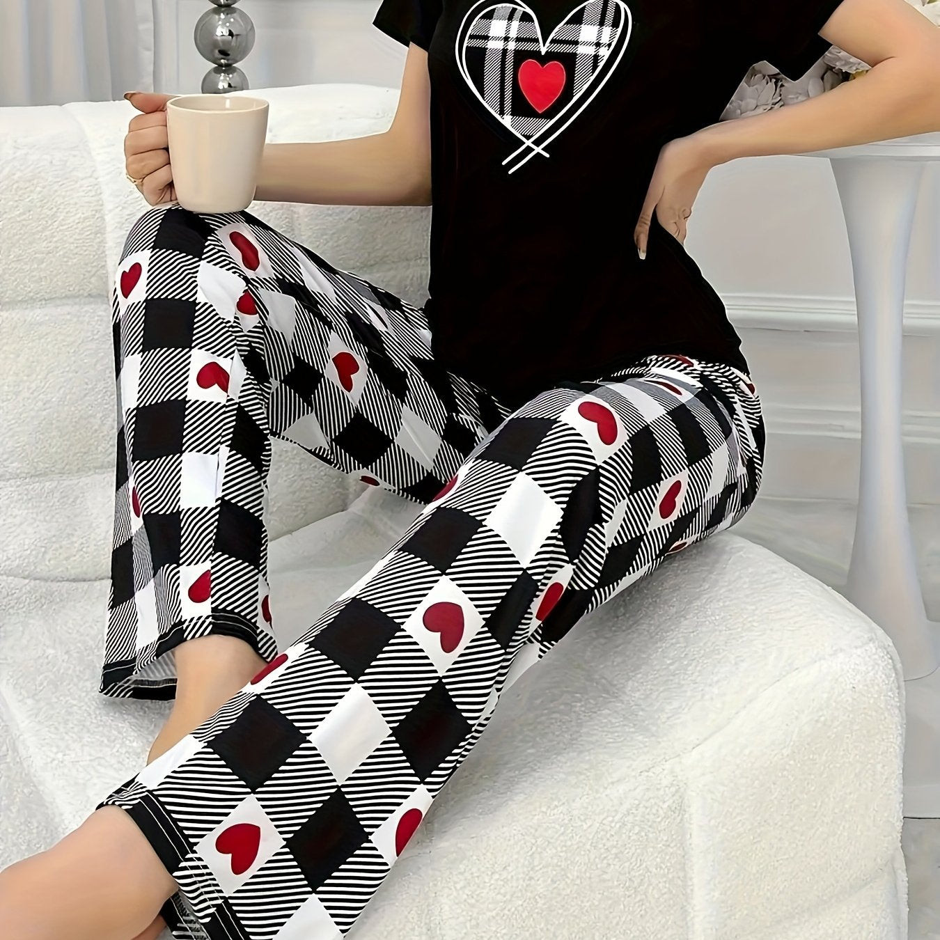 Women's 2pcs Heart & Letter Print Pajama Set for All Seasons