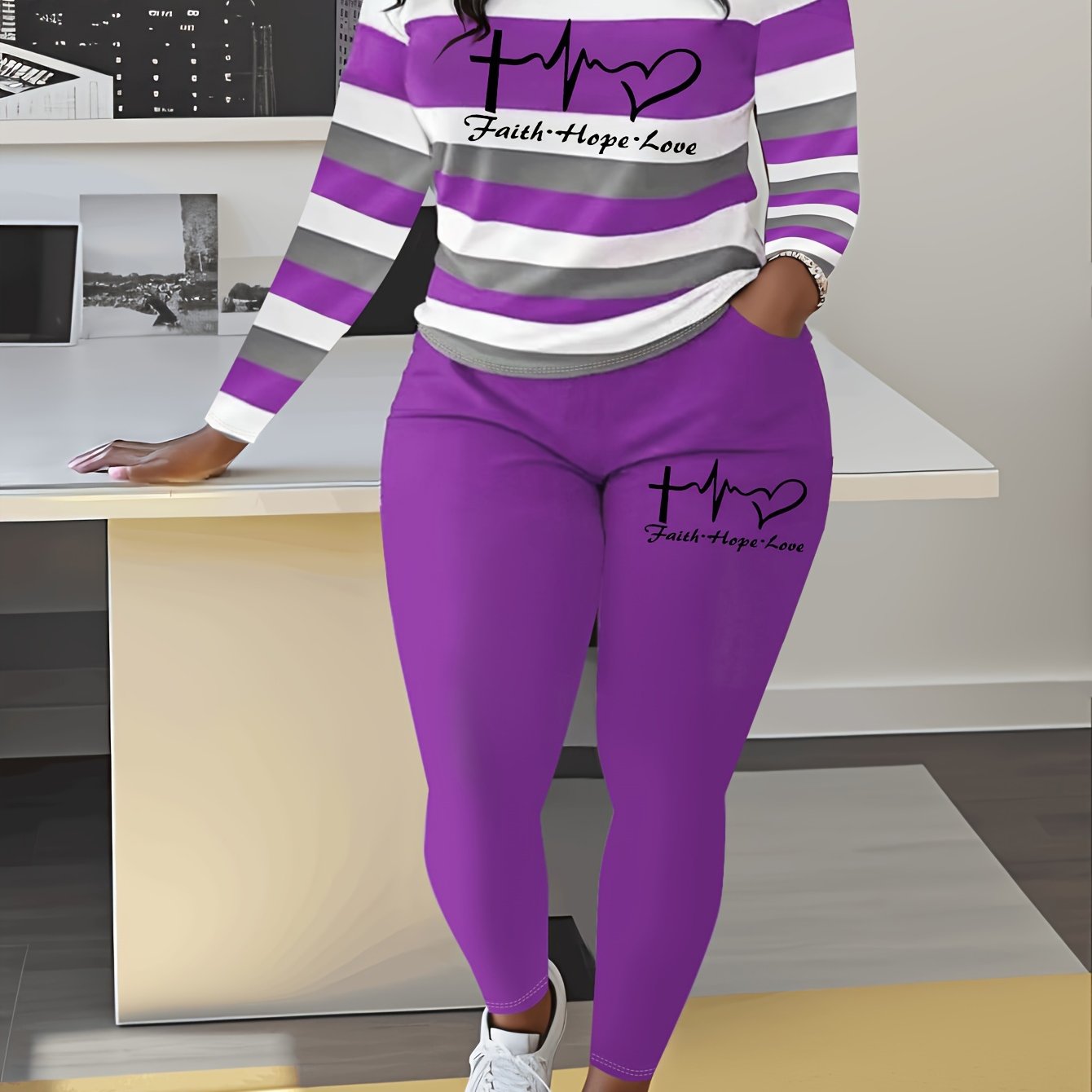 Plus Size Heart & Letter Print Two-piece Set Outfits