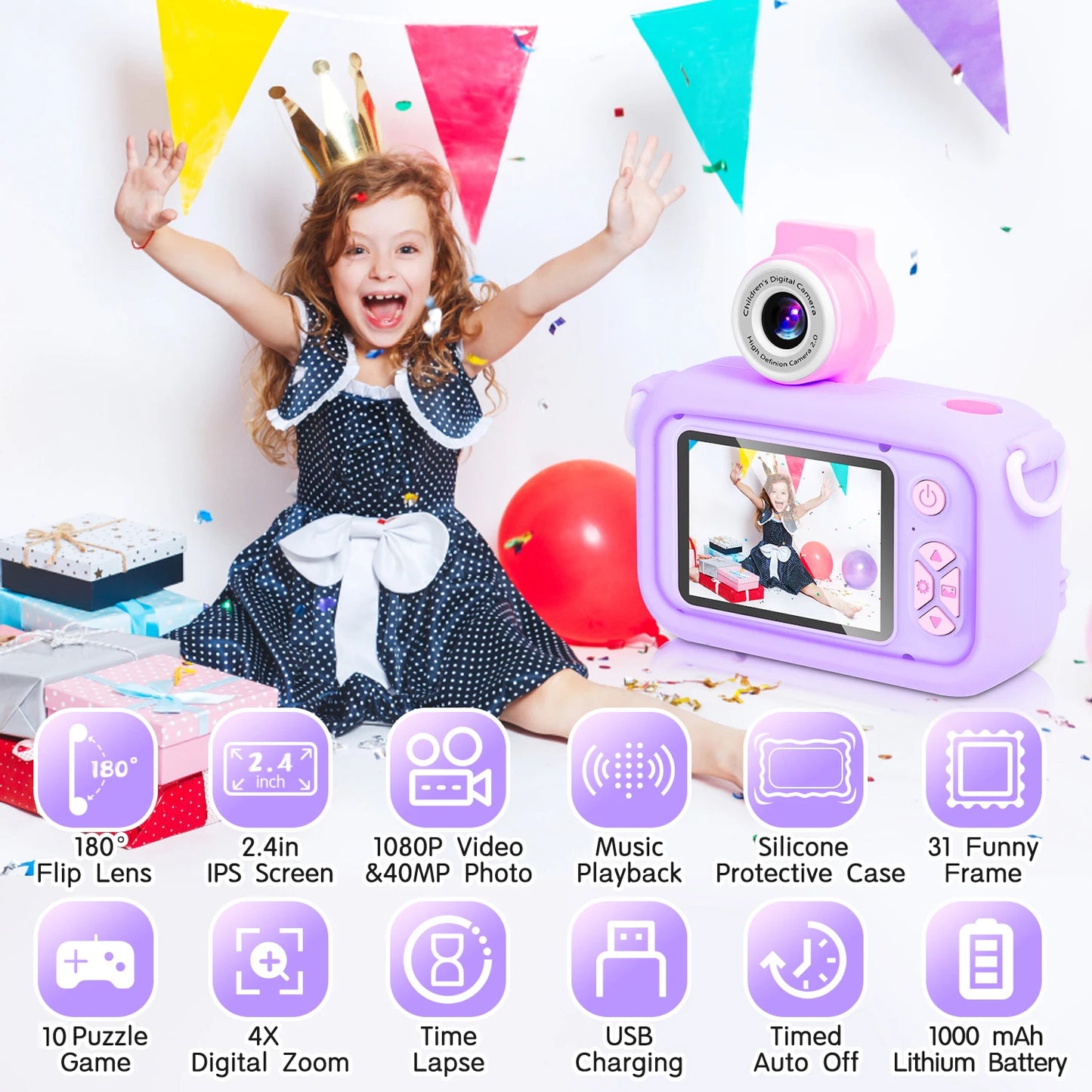 Kids Camera, ARNSSIEN 180° Flip Lens for Kids, 2.4in LCD