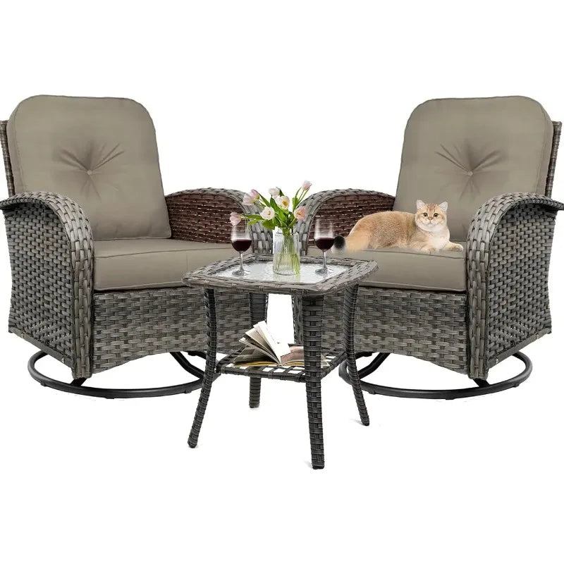 3-Piece Swivel Rocker Wicker Chair Set of 2 with Cushions and Glass Table
