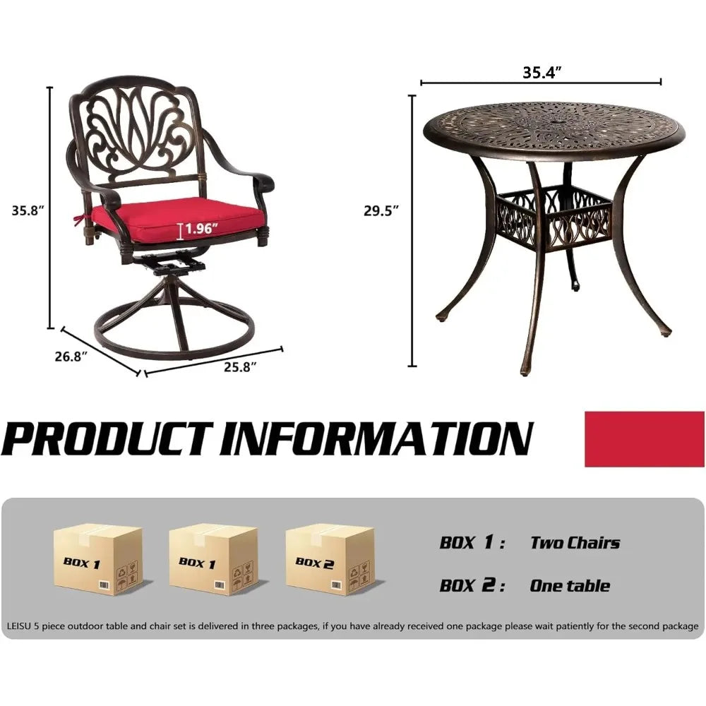 All-Weather Cast Aluminum Furniture Patio Conversation Set 4 Swivel Chairs and 35.4" Table w/Cushions