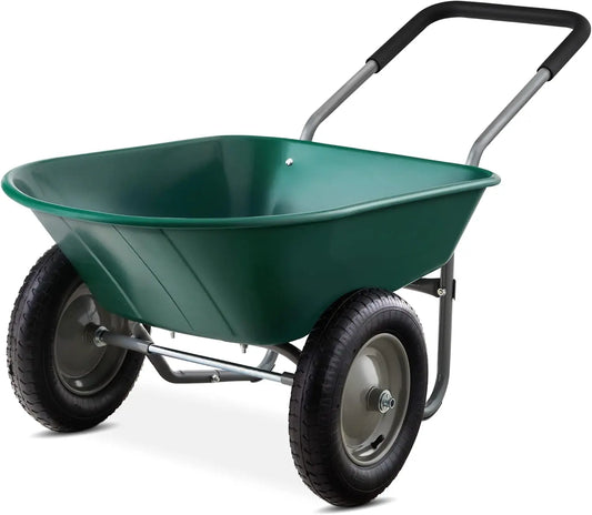Dual-Wheel Home Utility Yard Wheelbarrow Garden Cart w/Built-in Stand for Lawn, Gardening