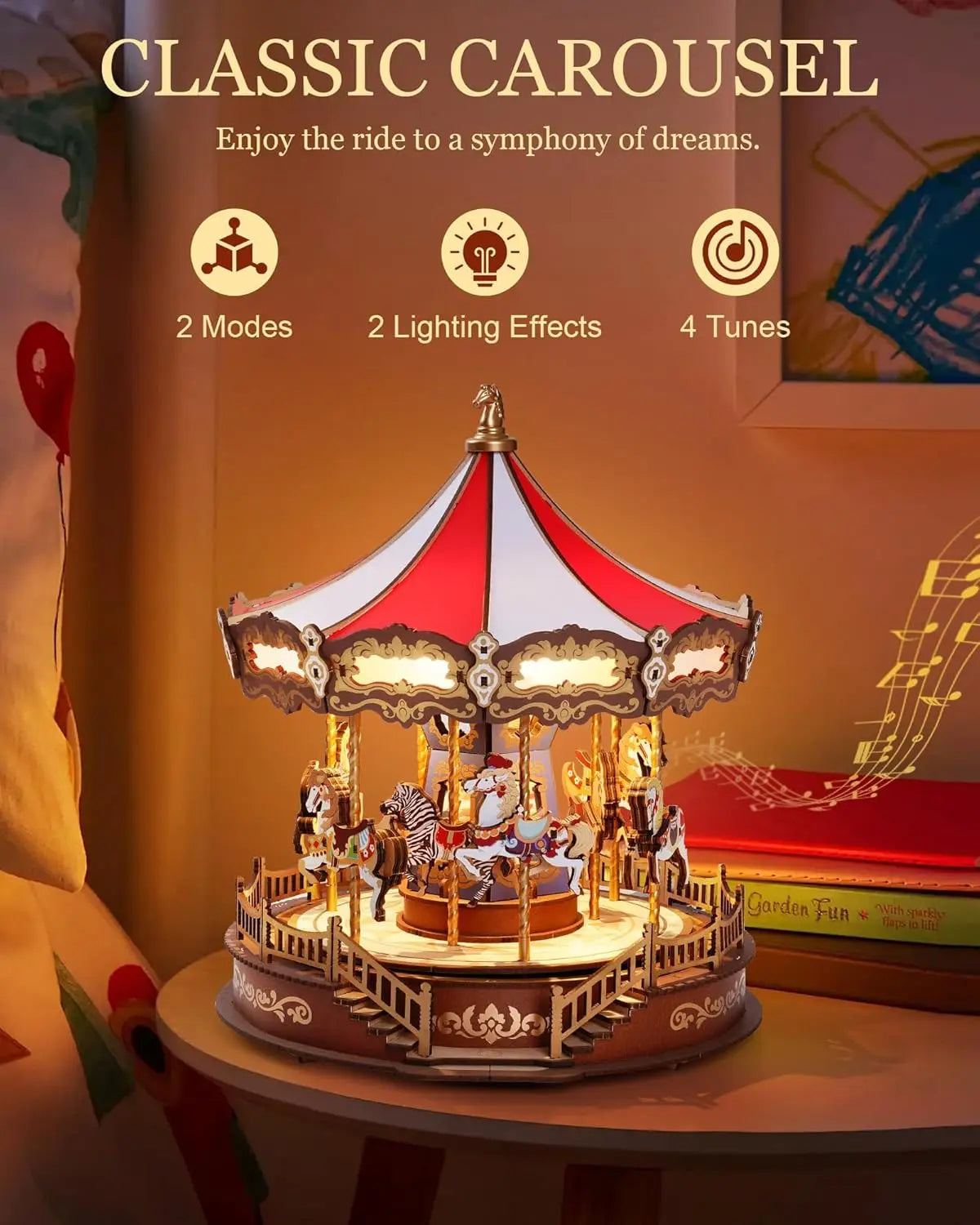 Robotime 3D Wooden Puzzle Carousel Music Box With LED Lights