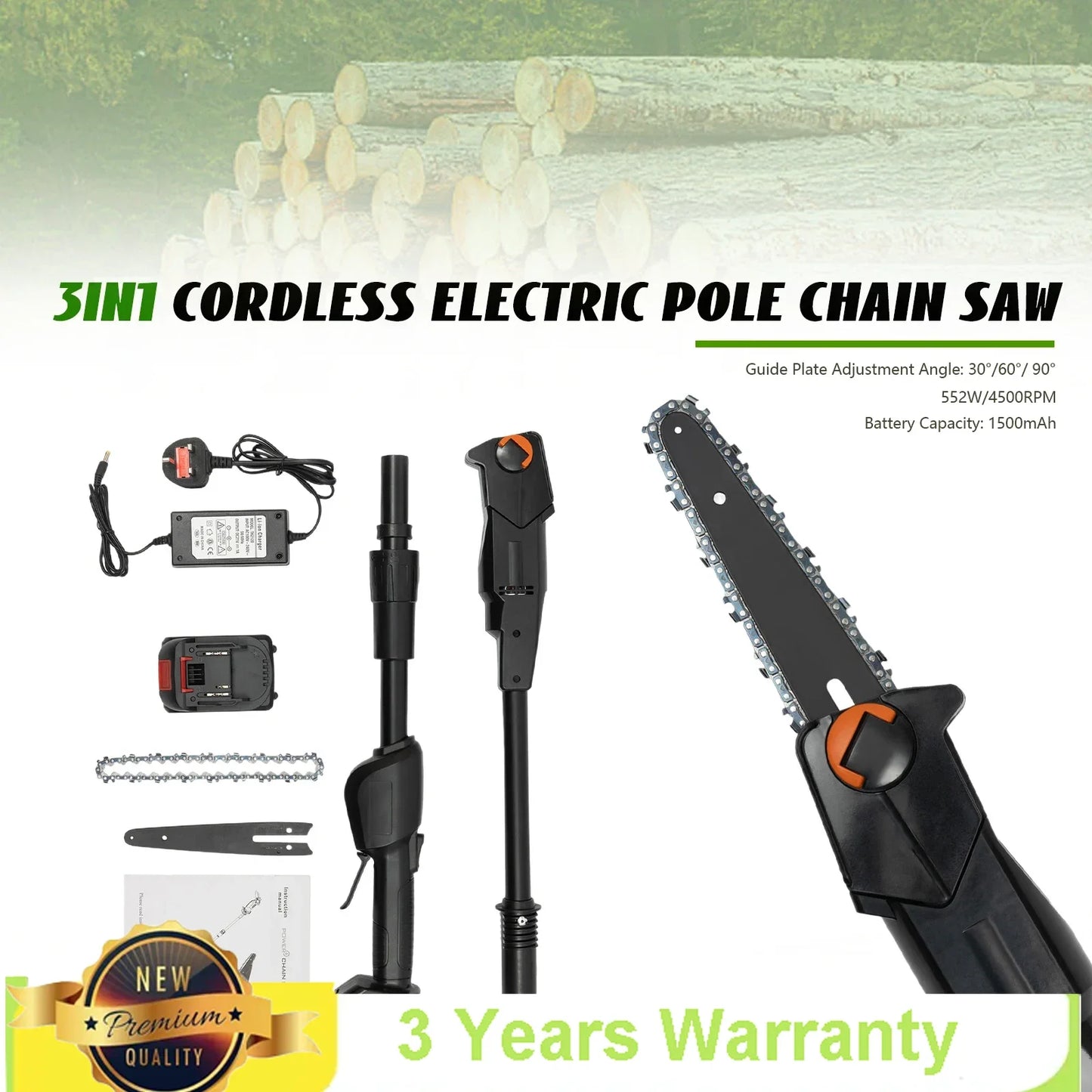 Pole Saw Electric High Branch Saw W/ 1500mah Battery And Standard Charger Low Noise For Gardens,