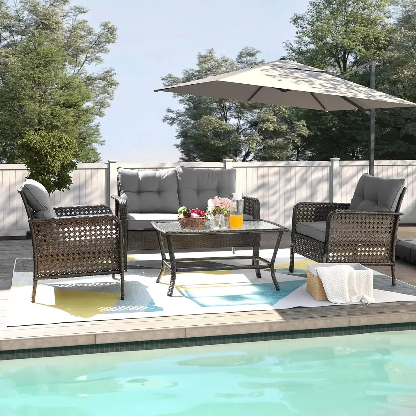 Wicker Furniture with Loveseat, Rattan Seating Outside Coffee Table w/2 Chair