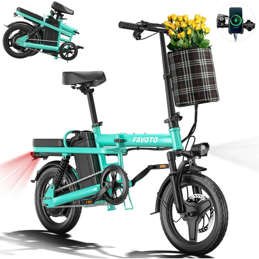 Folding Electric Bike with Removable 499Wh Battery  48V, 3-Speed, Mini E Bikes 14" Tires