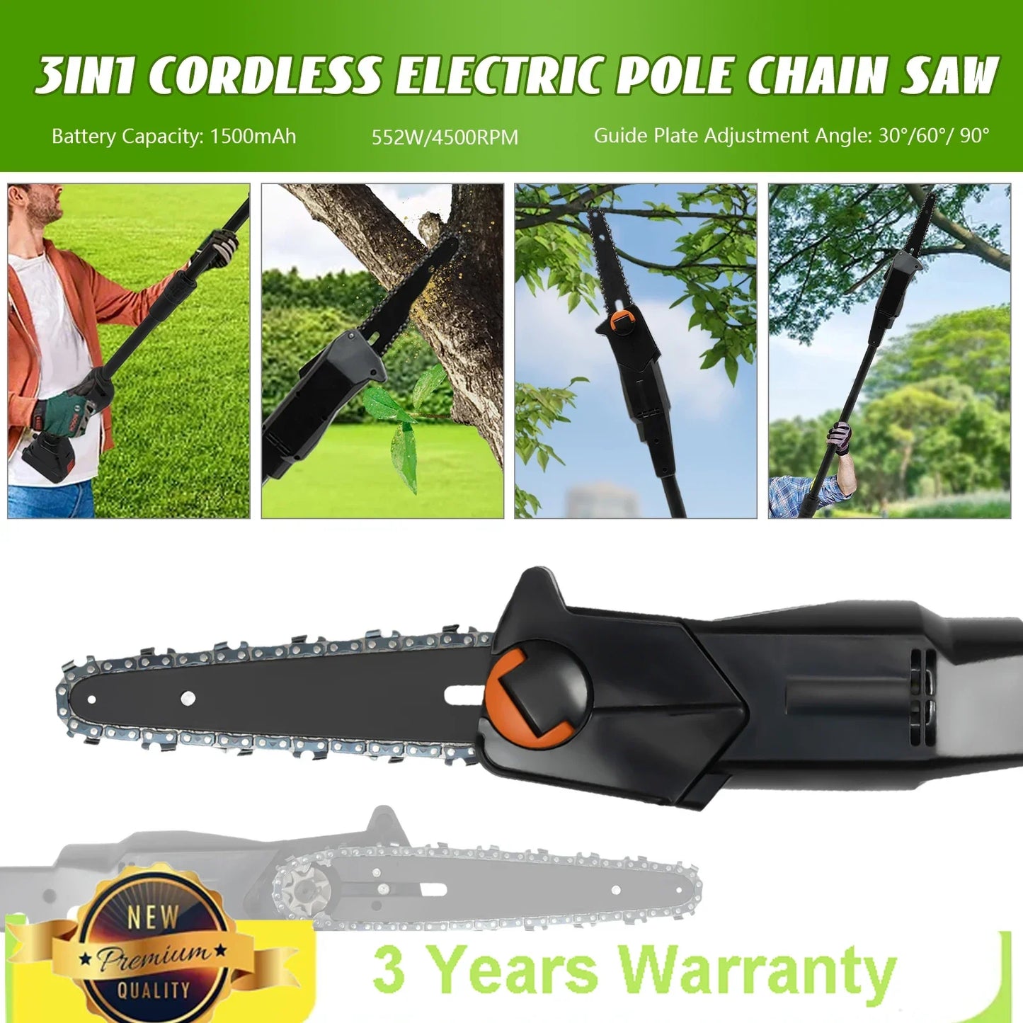 Pole Saw Electric High Branch Saw W/ 1500mah Battery And Standard Charger Low Noise For Gardens,