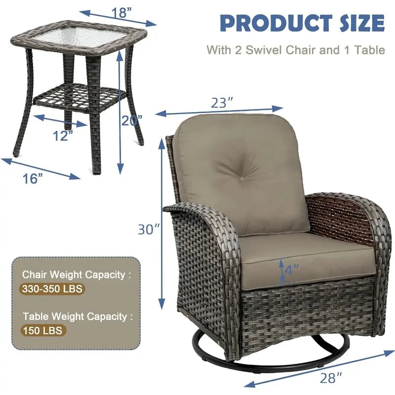 3-Piece Swivel Rocker Wicker Chair Set of 2 with Cushions and Glass Table