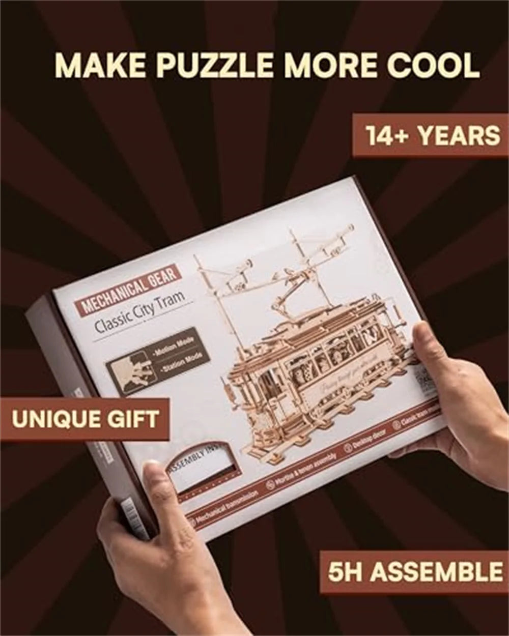 Robotime 3D Wooden Puzzle Tram Mechanical Model Kit DIY Craft