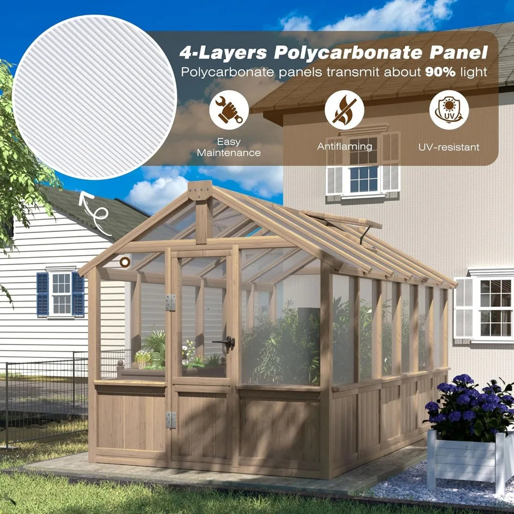 6x12 FT Greenhouse Kit for Outdoor,Polycarbonate Wooden Walk-in Green House with Lockable Door