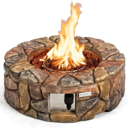 28 Inch Round Propane Gas Fire Pit,  Stone Look Outdoor Propane Fire Pit with Lava Rocks & PVC Cover