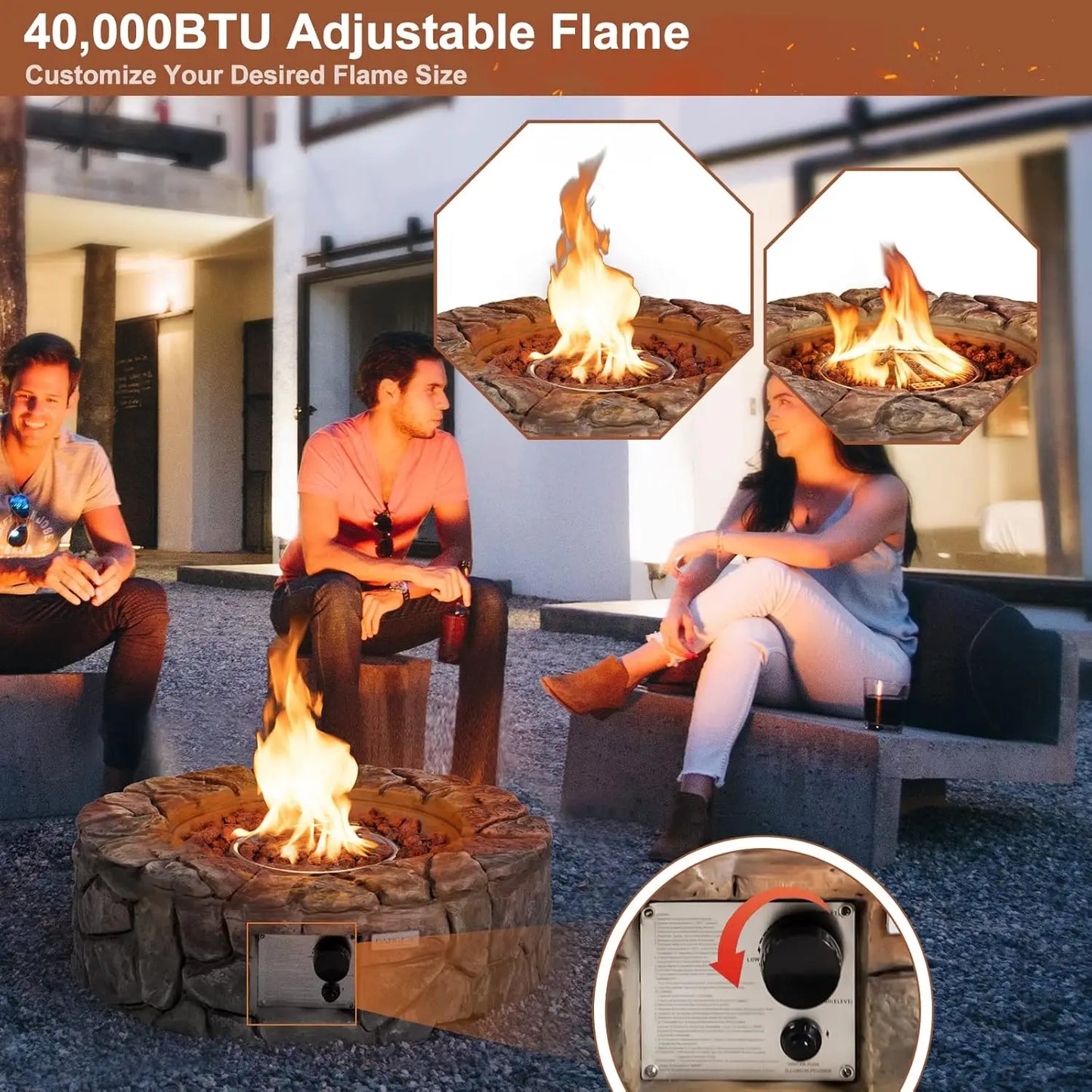 28 Inch Round Propane Gas Fire Pit,  Stone Look Outdoor Propane Fire Pit with Lava Rocks & PVC Cover