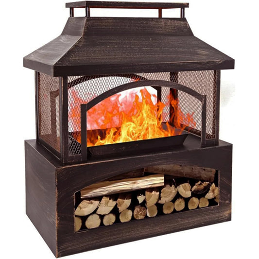 37in Outdoor Wood Burning Fireplace, Rectangular Freestanding Metal Fire Pit with Firewood Racks