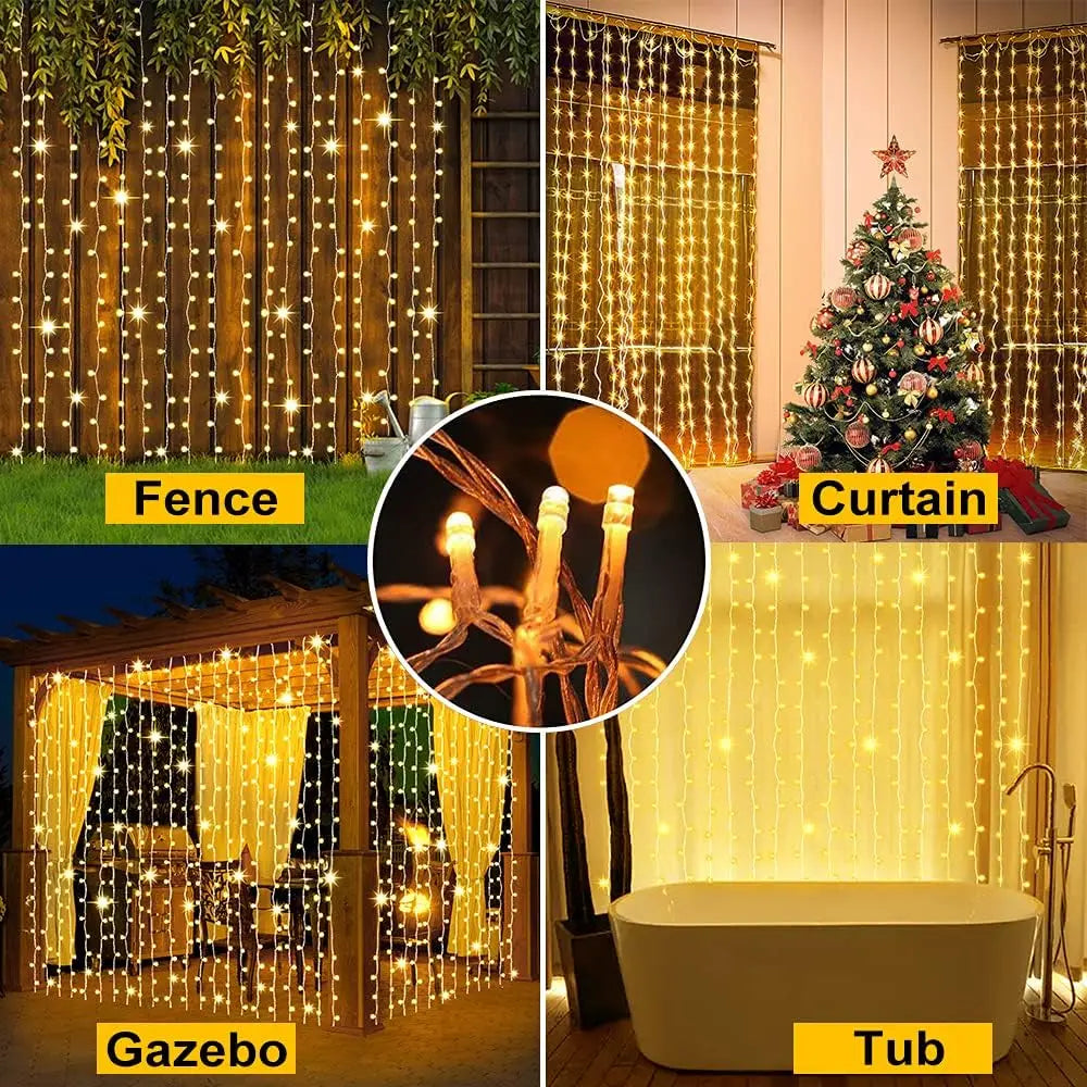 Solar Curtain Light Outdoor Garden String 300 LED Remote Light