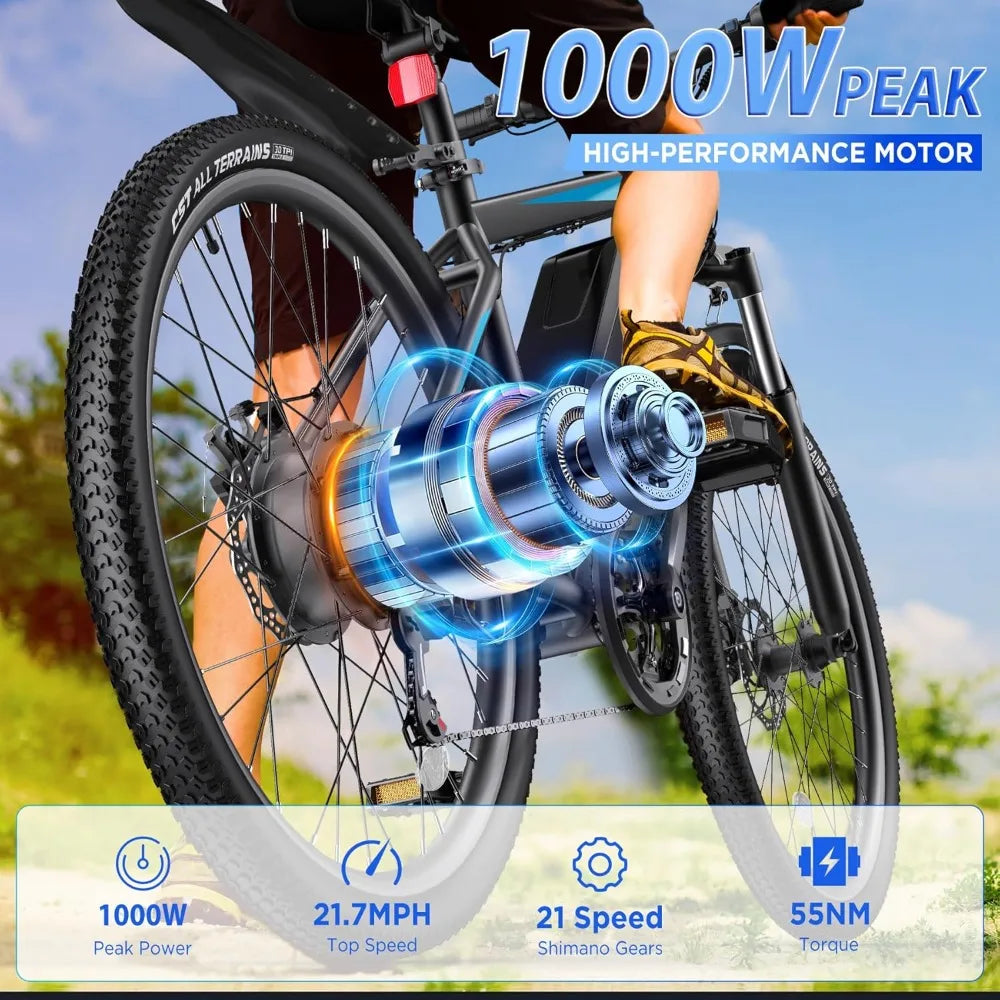 Electric Bike, 26'' 1000W Peak Ebike,Up to 50 Miles 21.7MPH with 48V 374.4WH Removable Battery