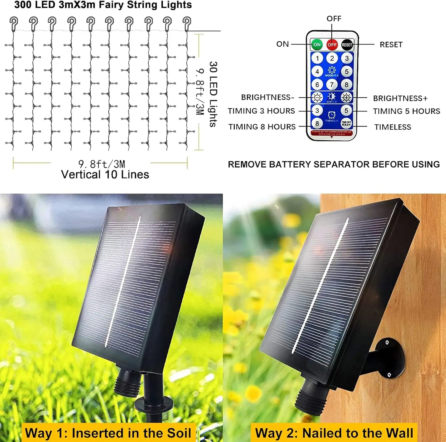 Solar Curtain Light Outdoor Garden String 300 LED Remote Light