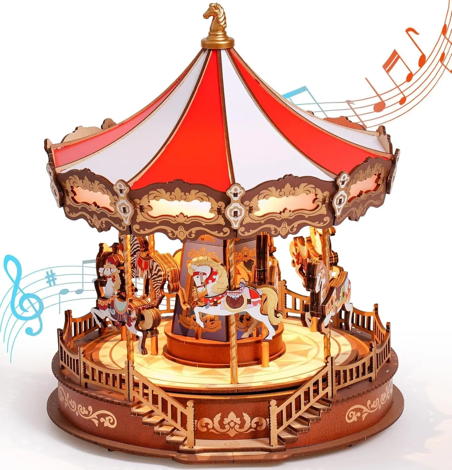 Robotime 3D Wooden Puzzle Carousel Music Box With LED Lights