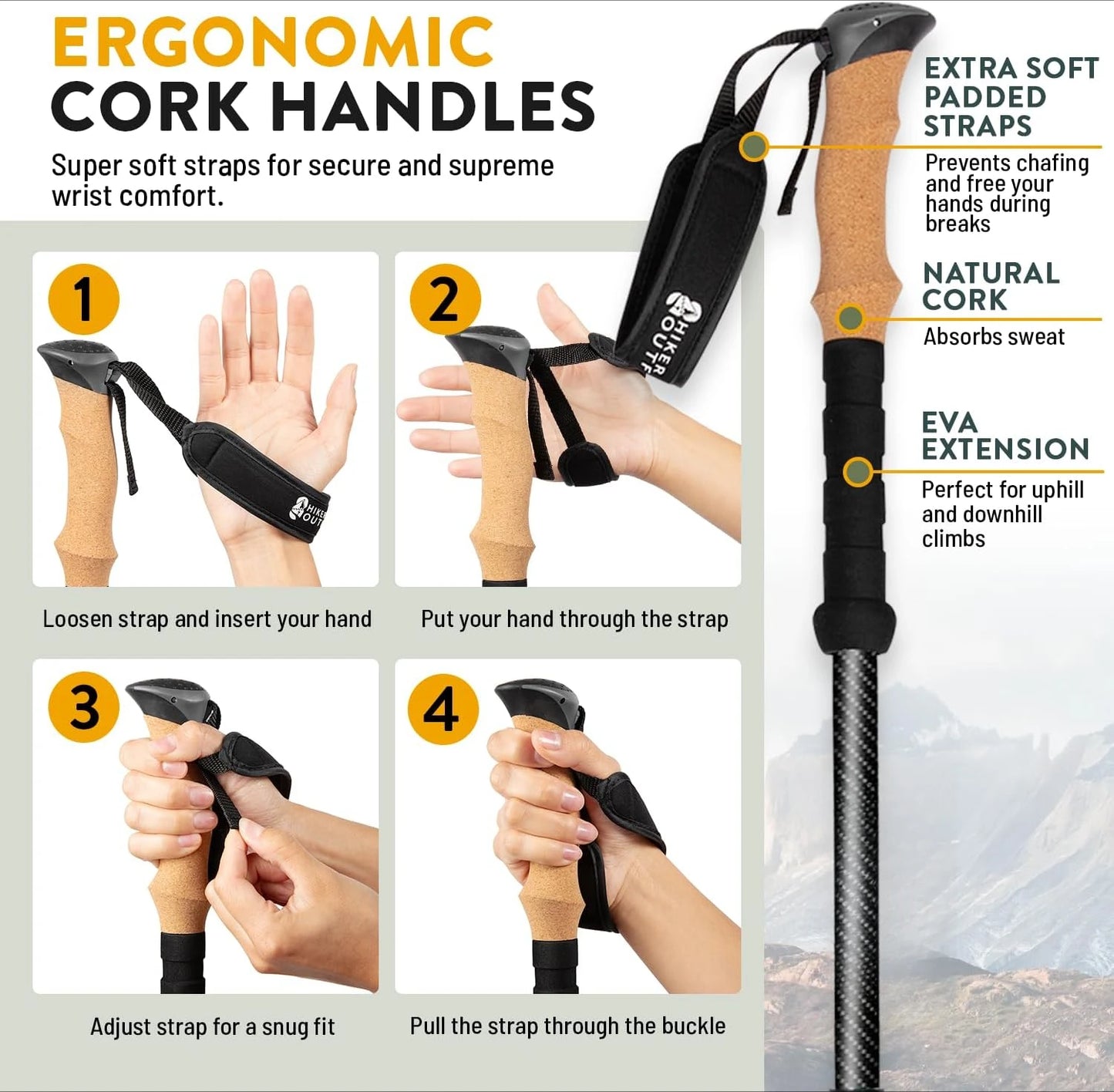 Strong Lightweight Collapsible Hiking Poles with Cork Grips