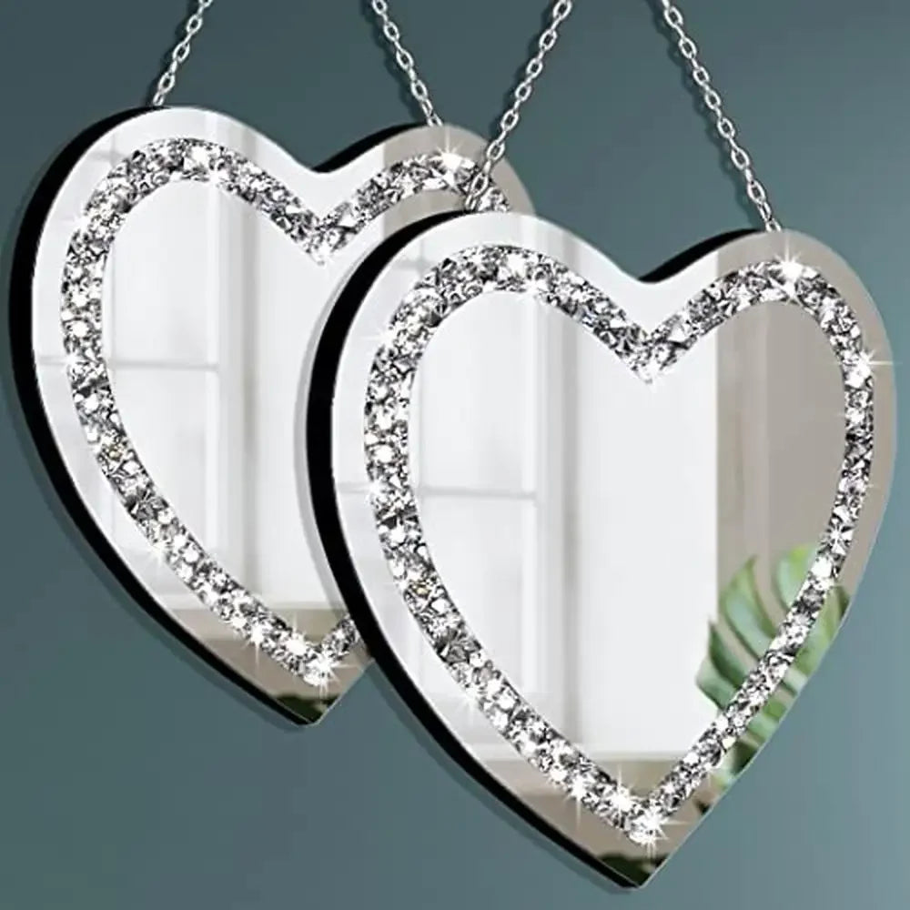 Heart Shaped Crystal Crush Diamond Glass Mirror Set 12x12inch Pack of 2 Glam Classic Style Stainless Steel Chain