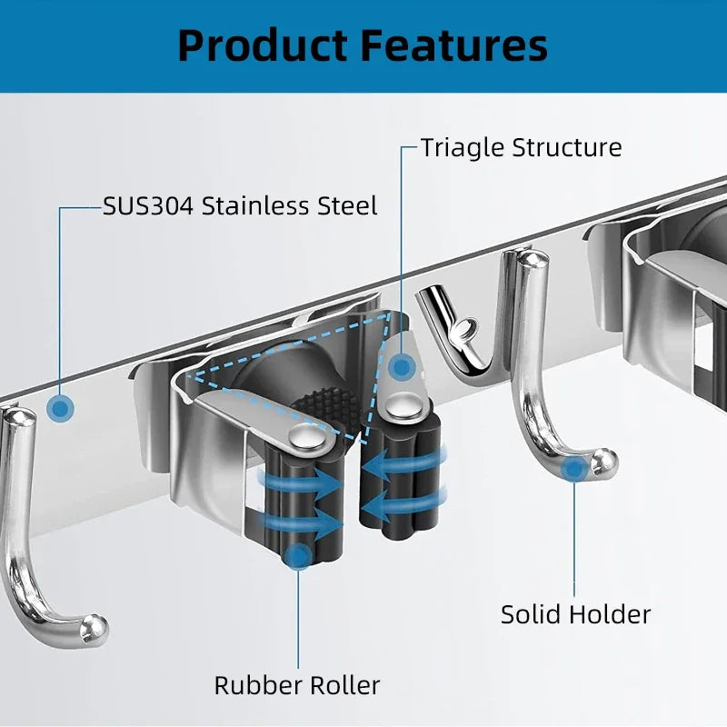 Mop and Broom Holder Stainless Steel Heavy Duty Tool Organizer