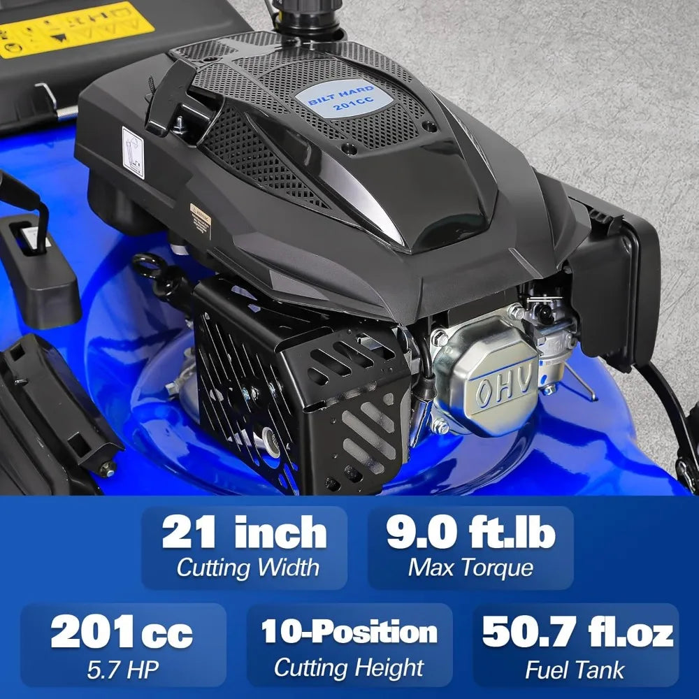 21 Inch Gas Powered Lawn Mower, 4-Cycle 201cc Engine, 3-in-1 Push Lawnmower with Bagging