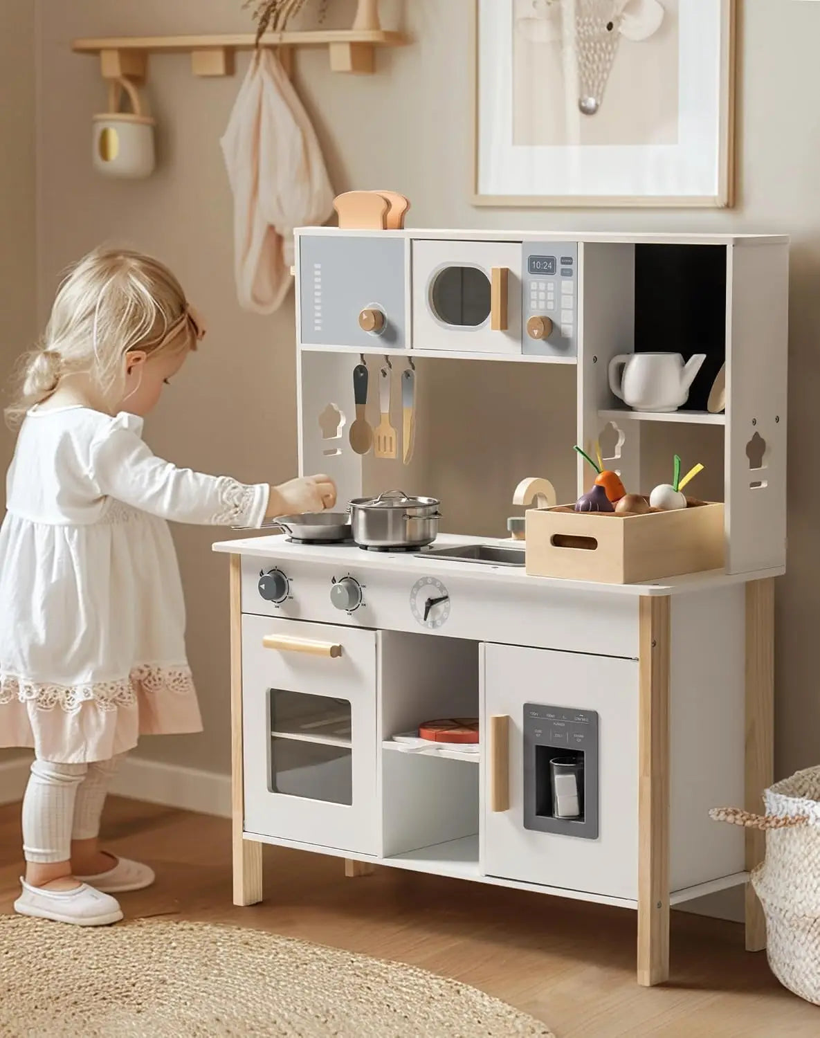 Robotime Play Kitchen Wooden Kids Playset with Toy Food Set