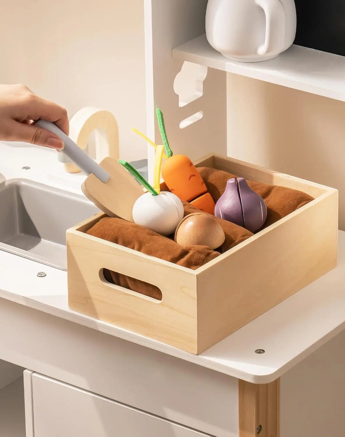 Robotime Play Kitchen Wooden Kids Playset with Toy Food Set