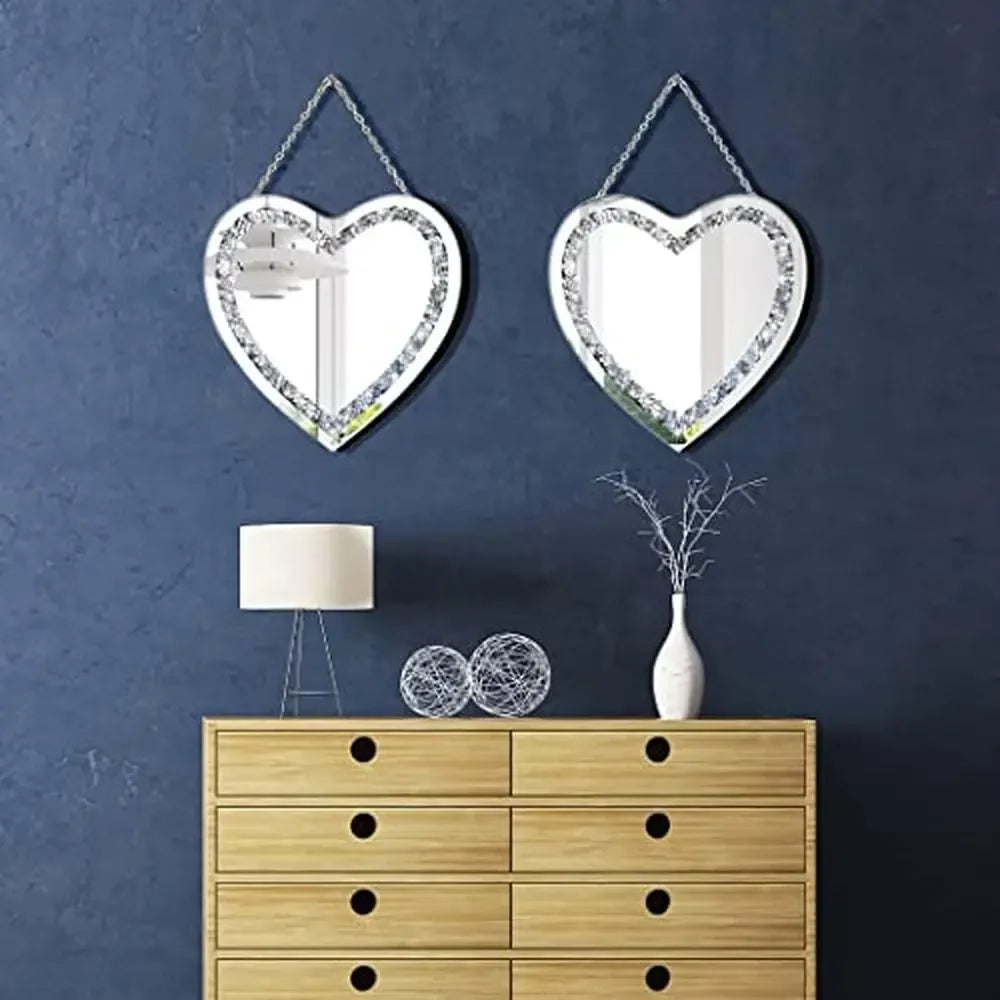 Heart Shaped Crystal Crush Diamond Glass Mirror Set 12x12inch Pack of 2 Glam Classic Style Stainless Steel Chain