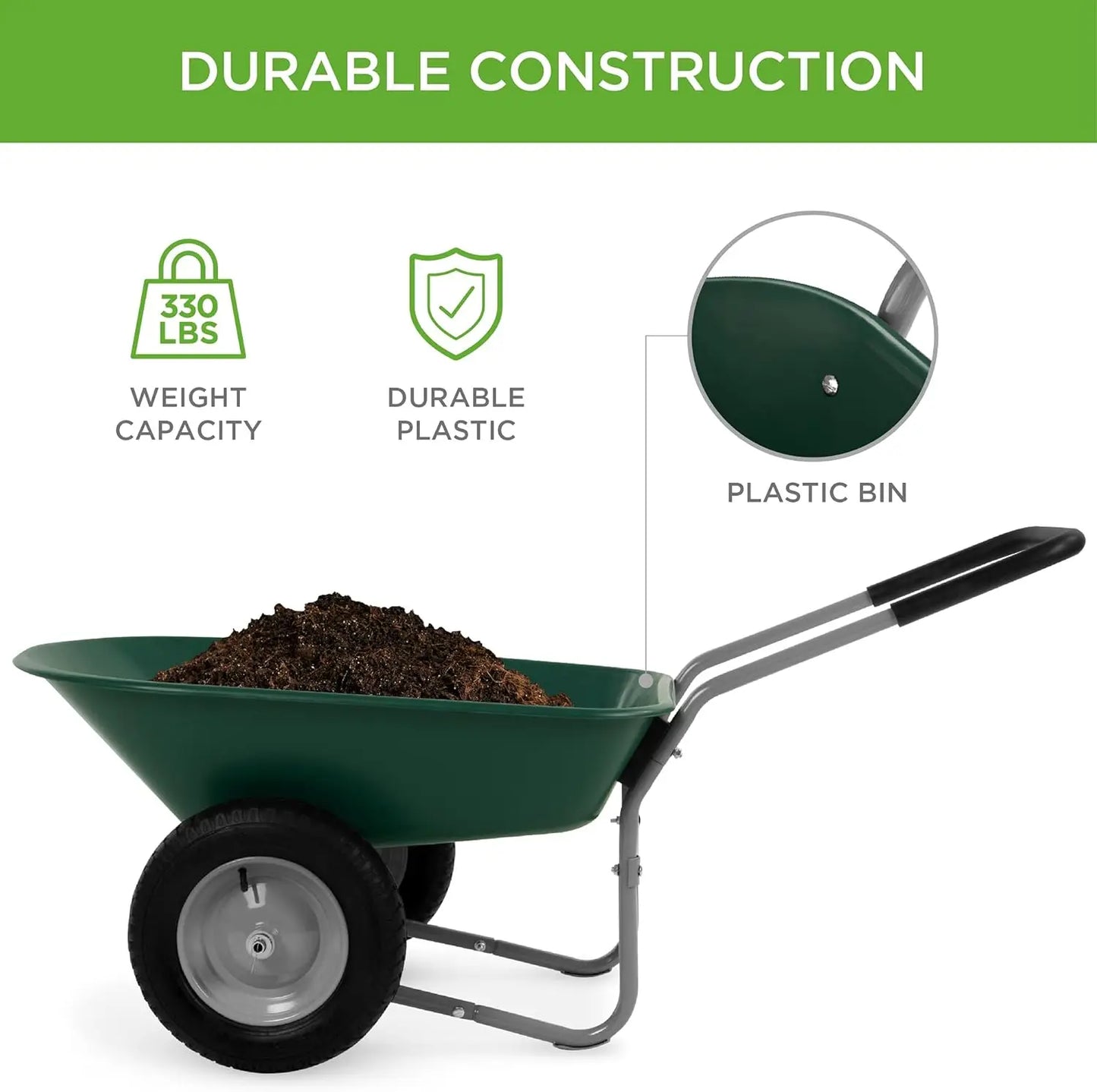 Dual-Wheel Home Utility Yard Wheelbarrow Garden Cart w/Built-in Stand for Lawn, Gardening