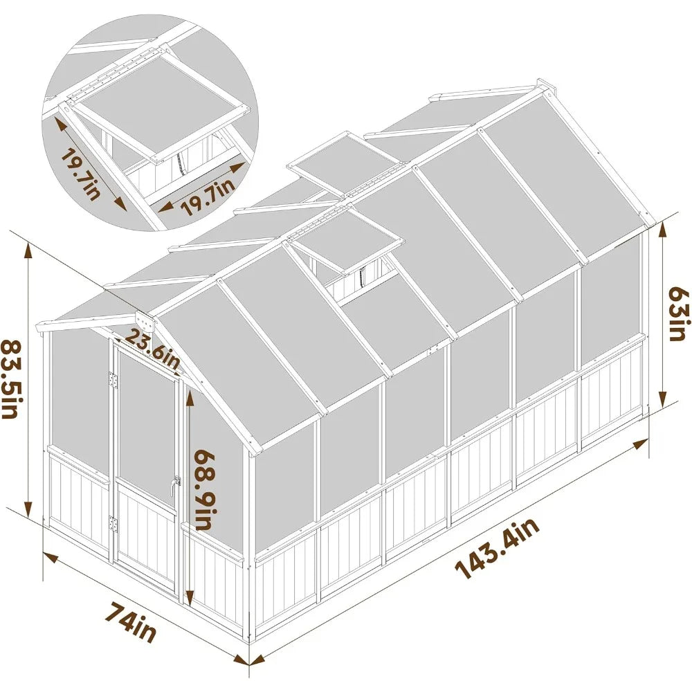 6x12 FT Greenhouse Kit for Outdoor,Polycarbonate Wooden Walk-in Green House with Lockable Door
