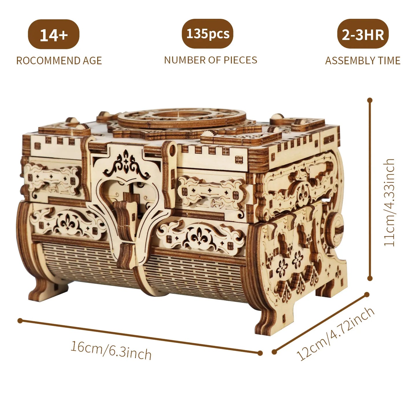 3D Wooden Puzzle Model Kits Antique Jewel Box DIY Gift