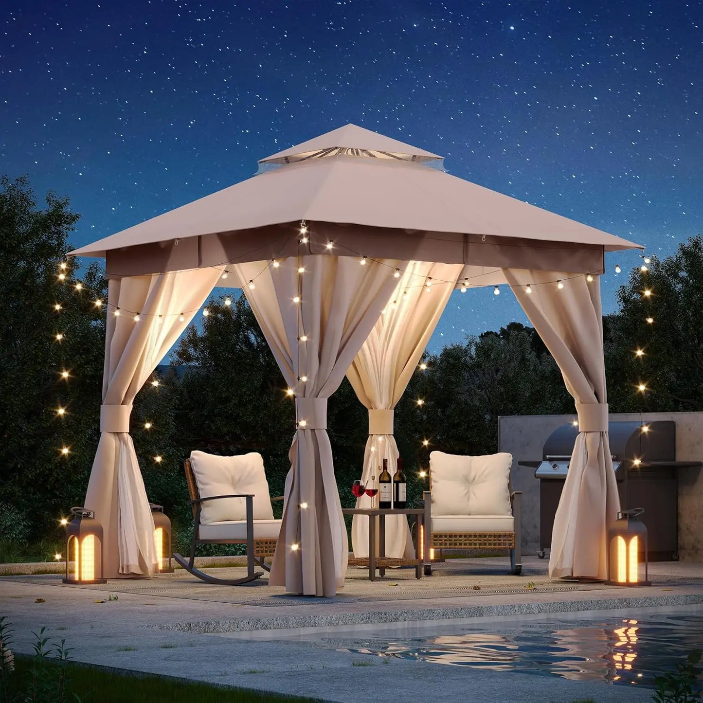 Shelter with Double Roofs, Mosquito Nettings and Privacy Screens for Backyard,, Champagne Khaki
