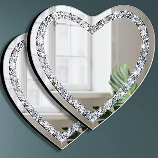 Heart Shaped Crystal Crush Diamond Glass Mirror Set 12x12inch Pack of 2 Glam Classic Style Stainless Steel Chain