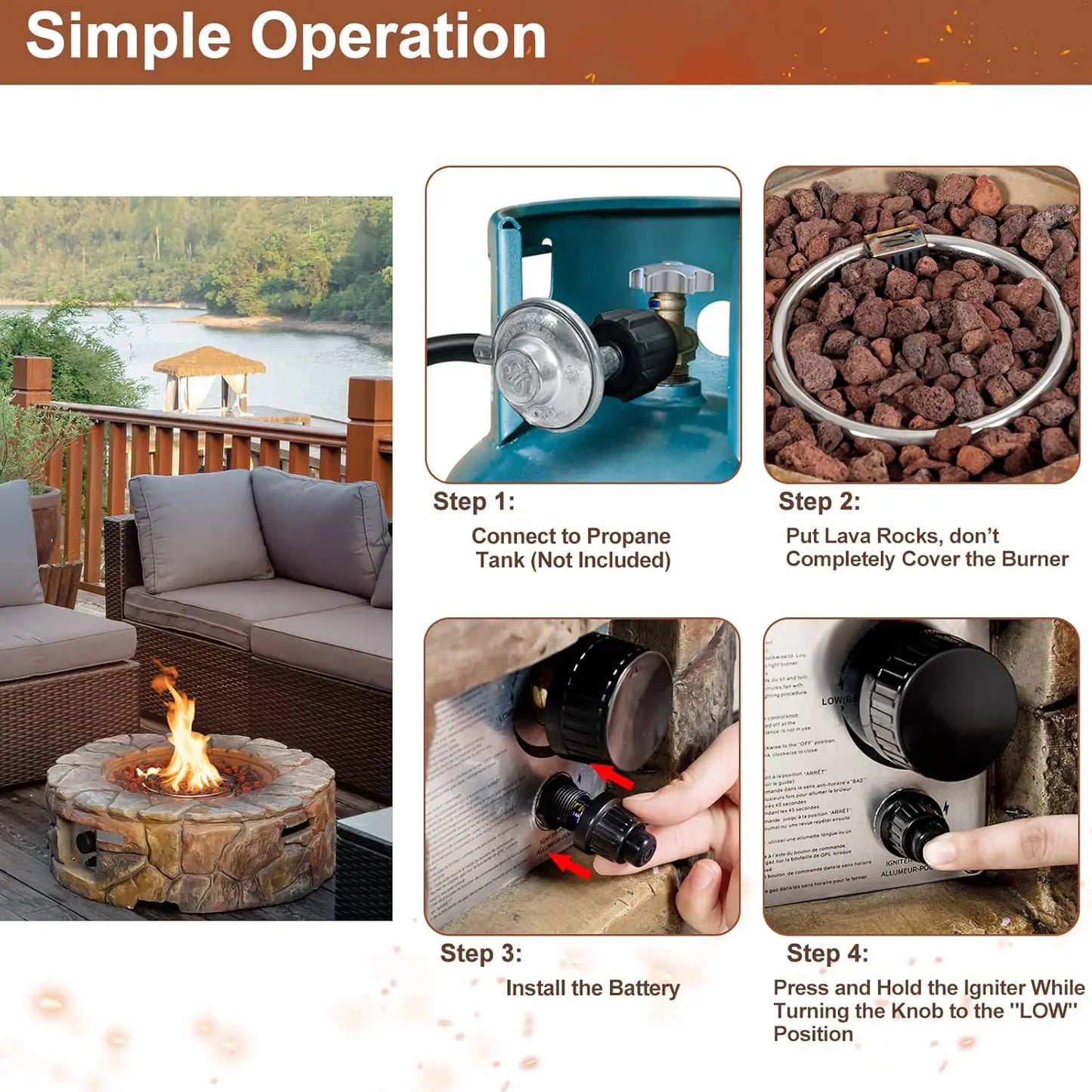 28 Inch Round Propane Gas Fire Pit,  Stone Look Outdoor Propane Fire Pit with Lava Rocks & PVC Cover