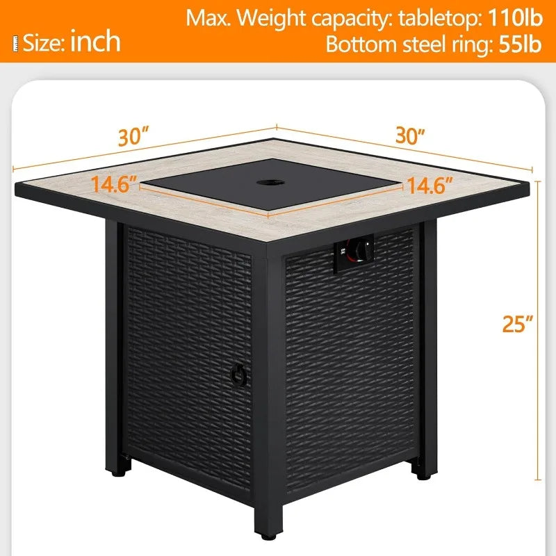 30" Propane Gas Fire Pit Table 50,000 BTU Ceramic Tabletop and Blue Fire Glass for Outdoor/Patio